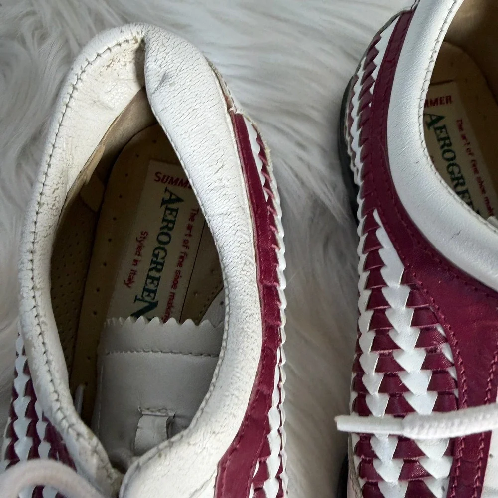 Aerogreen Womens Woven Leather Golf Shoes White Burgundy Made in‎ Italy Size 6